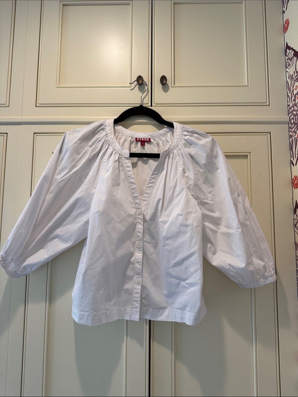 STAUD White Cotton Puff-Sleeve Button Front Top